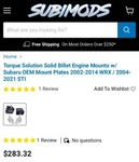 Torque Solution TS-SU-200SB-PL Solid Engine Mounts W/ Plates For 02-14 Wrx. Fixed Price $250.00.