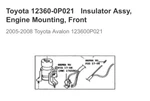 New, Oem, Genuine Toyota Insulator Assy, Front Engine Mount Part 12360-0P021. Fixed Price $165.00.